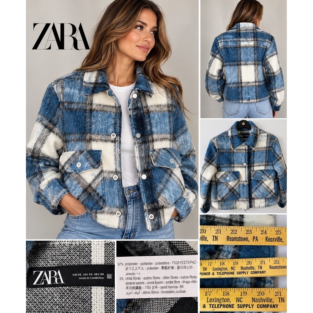 Zara XS Blue Fuzzy Cropped Shacket Jacket Oversized Cozy Preppy Boxy Plaid